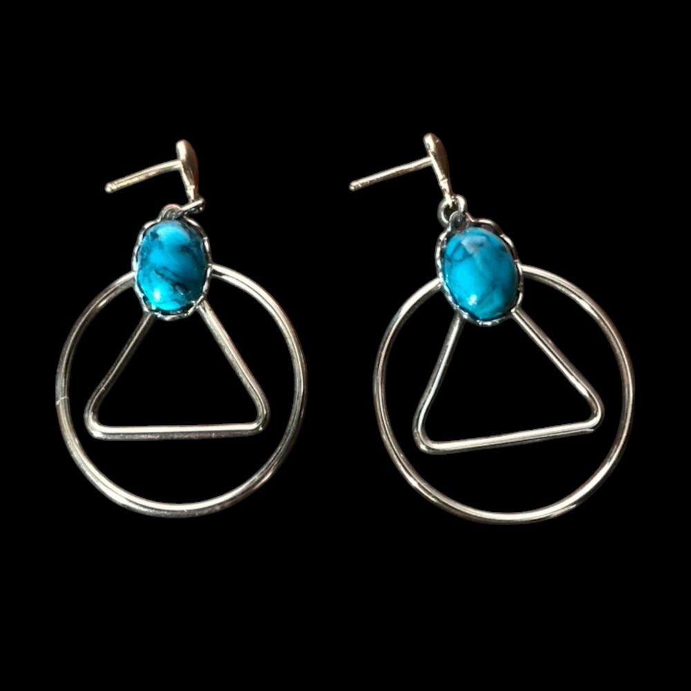 Dainty geometric circle triangle post earrings with faux turquoise accent